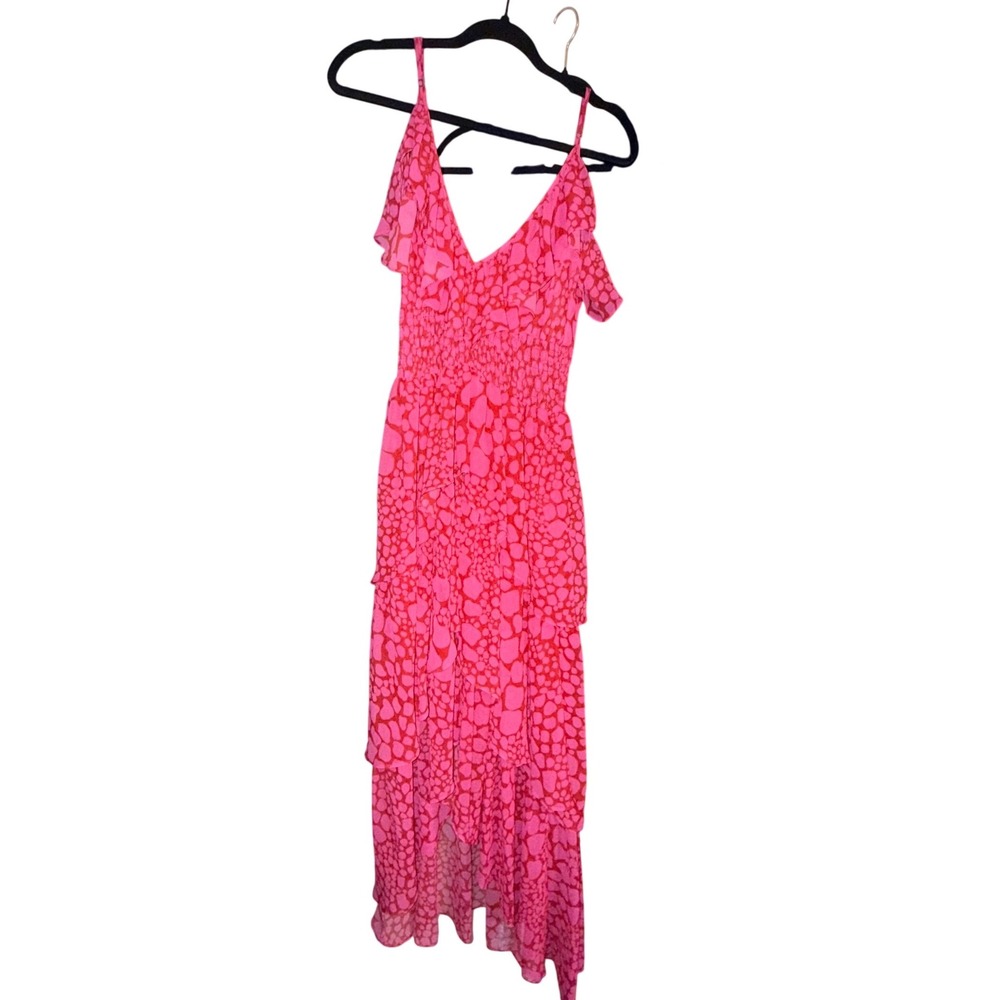 MISA Los Angeles Pink Red Print Smocked High Low Maxi Dress Large L Sleeveless